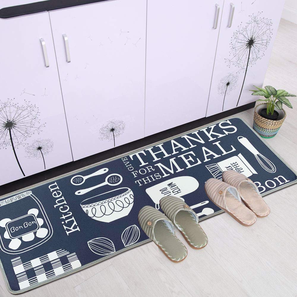 LEEBEI Kitchen Rugs Non Slip Washable Navy-Blue Color Floor Mats for Kitchen Bedroom Rugs Set Area Carpets (15.7×23.6 inch+15.7×47.2 inch,Kitchen-Meal)