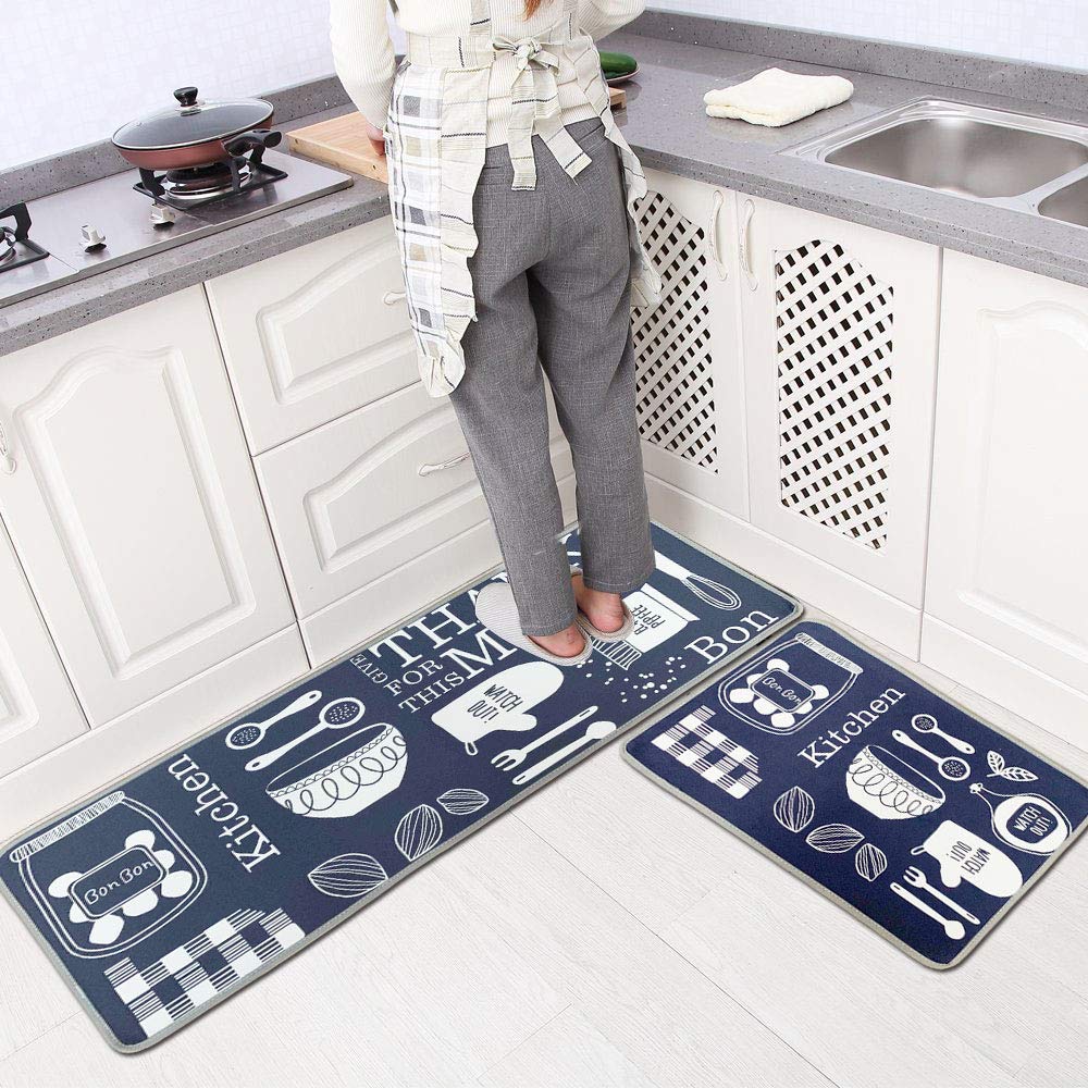 LEEBEI Kitchen Rugs Non Slip Washable Navy-Blue Color Floor Mats for Kitchen Bedroom Rugs Set Area Carpets (15.7×23.6 inch+15.7×47.2 inch,Kitchen-Meal)