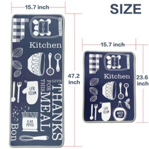 LEEBEI Kitchen Rugs Non Slip Washable Navy-Blue Color Floor Mats for Kitchen Bedroom Rugs Set Area Carpets (15.7×23.6 inch+15.7×47.2 inch,Kitchen-Meal)