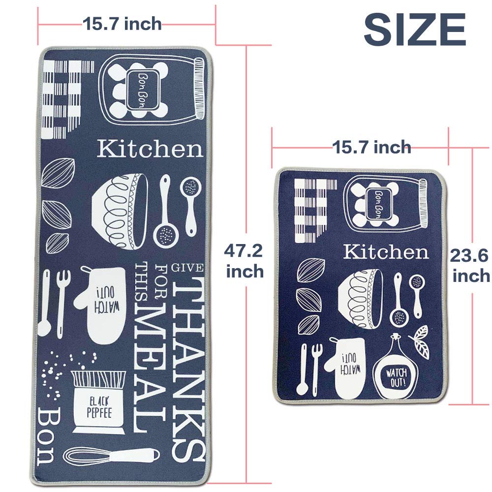 LEEBEI Kitchen Rugs Non Slip Washable Navy-Blue Color Floor Mats for Kitchen Bedroom Rugs Set Area Carpets (15.7×23.6 inch+15.7×47.2 inch,Kitchen-Meal)