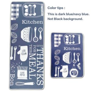 LEEBEI Kitchen Rugs Non Slip Washable Navy-Blue Color Floor Mats for Kitchen Bedroom Rugs Set Area Carpets (15.7×23.6 inch+15.7×47.2 inch,Kitchen-Meal)