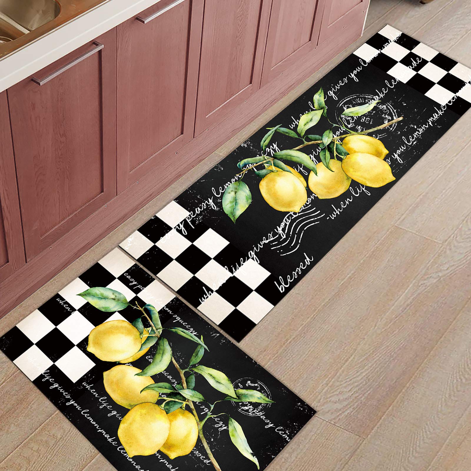 Kitchen Rugs Set of 2,Summer Tropical Lemon Kitchen Mats Rugs Non Skid Washable Anti Fatiguee,Buffalo Plaid Black White Doormat Carpet for Bedroom/Bathroom/Living Room,19.7x31.5in+19.7x47.2in