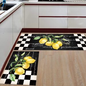 Kitchen Rugs Set of 2,Summer Tropical Lemon Kitchen Mats Rugs Non Skid Washable Anti Fatiguee,Buffalo Plaid Black White Doormat Carpet for Bedroom/Bathroom/Living Room,19.7x31.5in+19.7x47.2in