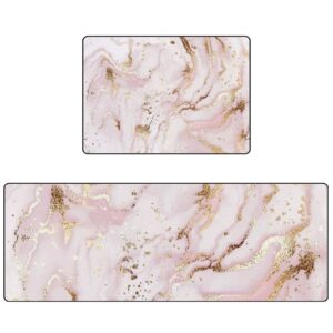 zklzi kitchen rugs kitchen mats for floor 2 pieces liquid marble painting gold pink kitchen mat set non slip soft absorbent coral velvet washable kitchen rug set 17.7×29.1inch + 17.7×58.2inch