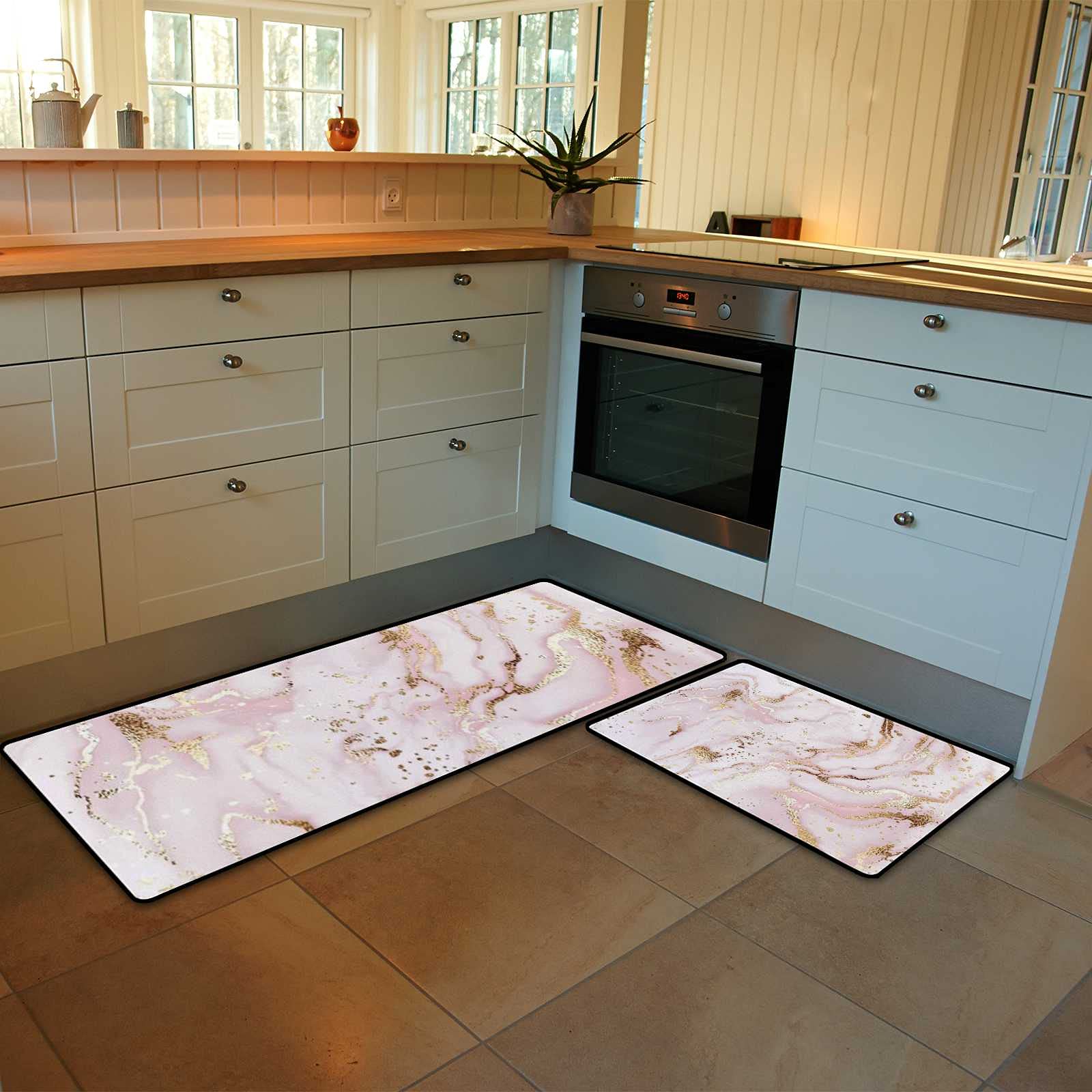 ZKLZI Kitchen Rugs Kitchen Mats for Floor 2 Pieces Liquid Marble Painting Gold Pink Kitchen Mat Set Non Slip Soft Absorbent Coral Velvet Washable Kitchen Rug Set 17.7×29.1Inch + 17.7×58.2Inch