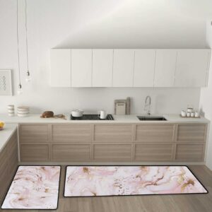 ZKLZI Kitchen Rugs Kitchen Mats for Floor 2 Pieces Liquid Marble Painting Gold Pink Kitchen Mat Set Non Slip Soft Absorbent Coral Velvet Washable Kitchen Rug Set 17.7×29.1Inch + 17.7×58.2Inch