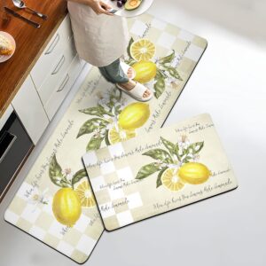 Lemon Kitchen Rug Set of 2 Buffalo Plaid Anti Fatigue Non-Slip Kitchen Mats Yellow Comfort Standing Mat Waterproof Farmhouse PVC Carpet for Kitchen Laundry Office Sink (17.3" x28" + 17.3" x 47")