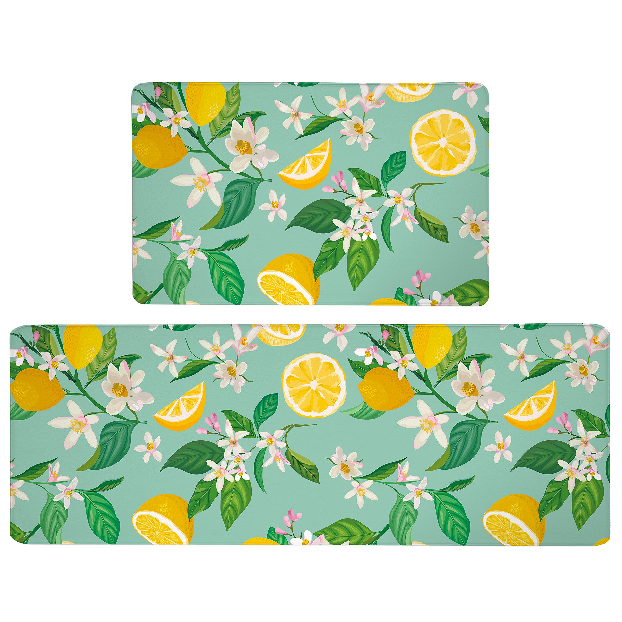 Lemon Kitchen Mat Set 2 PCS Anti Fatigue Lemon and Leaf Kitchen Rugs Waterproof Cushioned PVC Leather Runner Rug Non Slip Comfort Standing Floor Mats for Kitchen, Home, Sink 17.3" x 28" + 17.3" x 47"