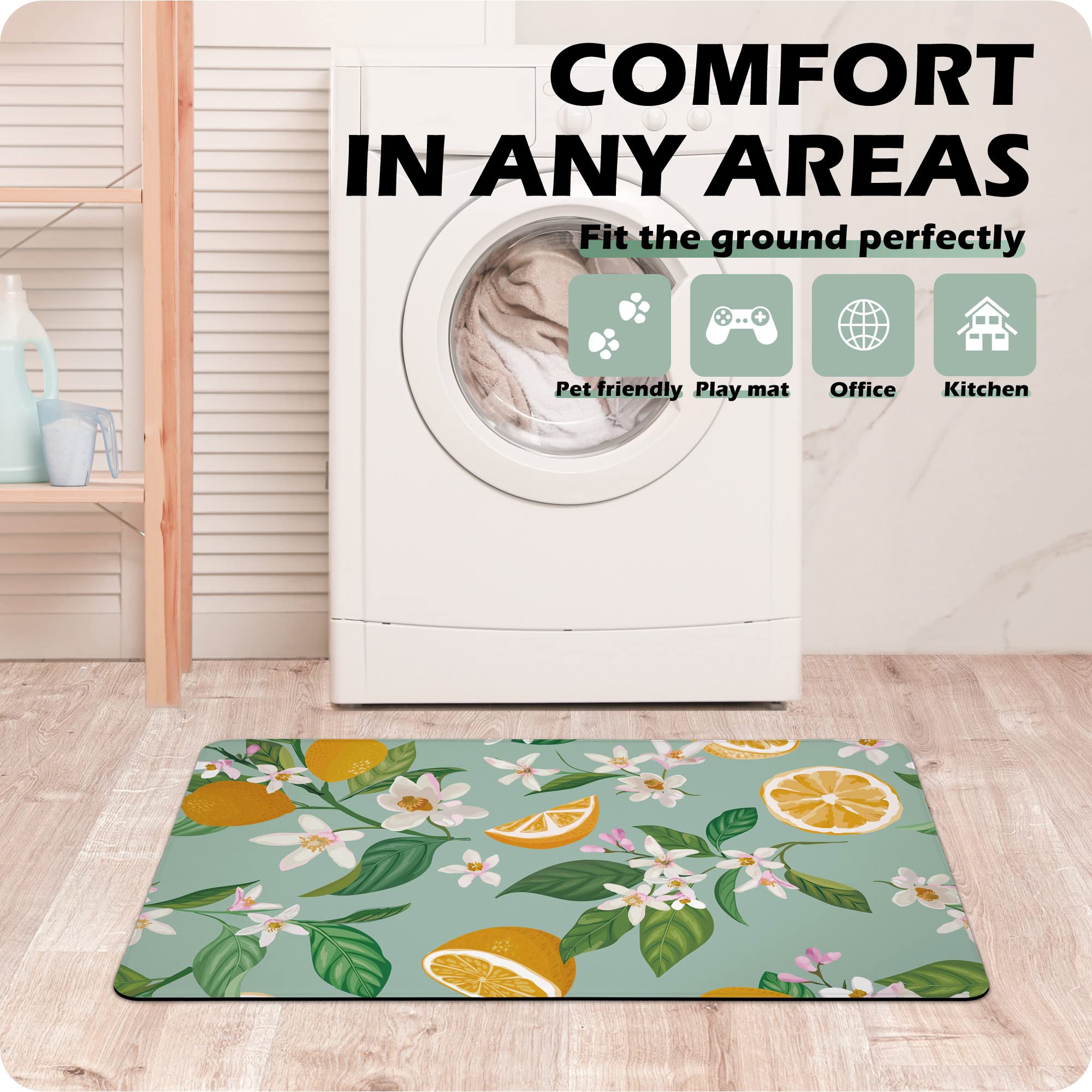 Lemon Kitchen Mat Set 2 PCS Anti Fatigue Lemon and Leaf Kitchen Rugs Waterproof Cushioned PVC Leather Runner Rug Non Slip Comfort Standing Floor Mats for Kitchen, Home, Sink 17.3" x 28" + 17.3" x 47"