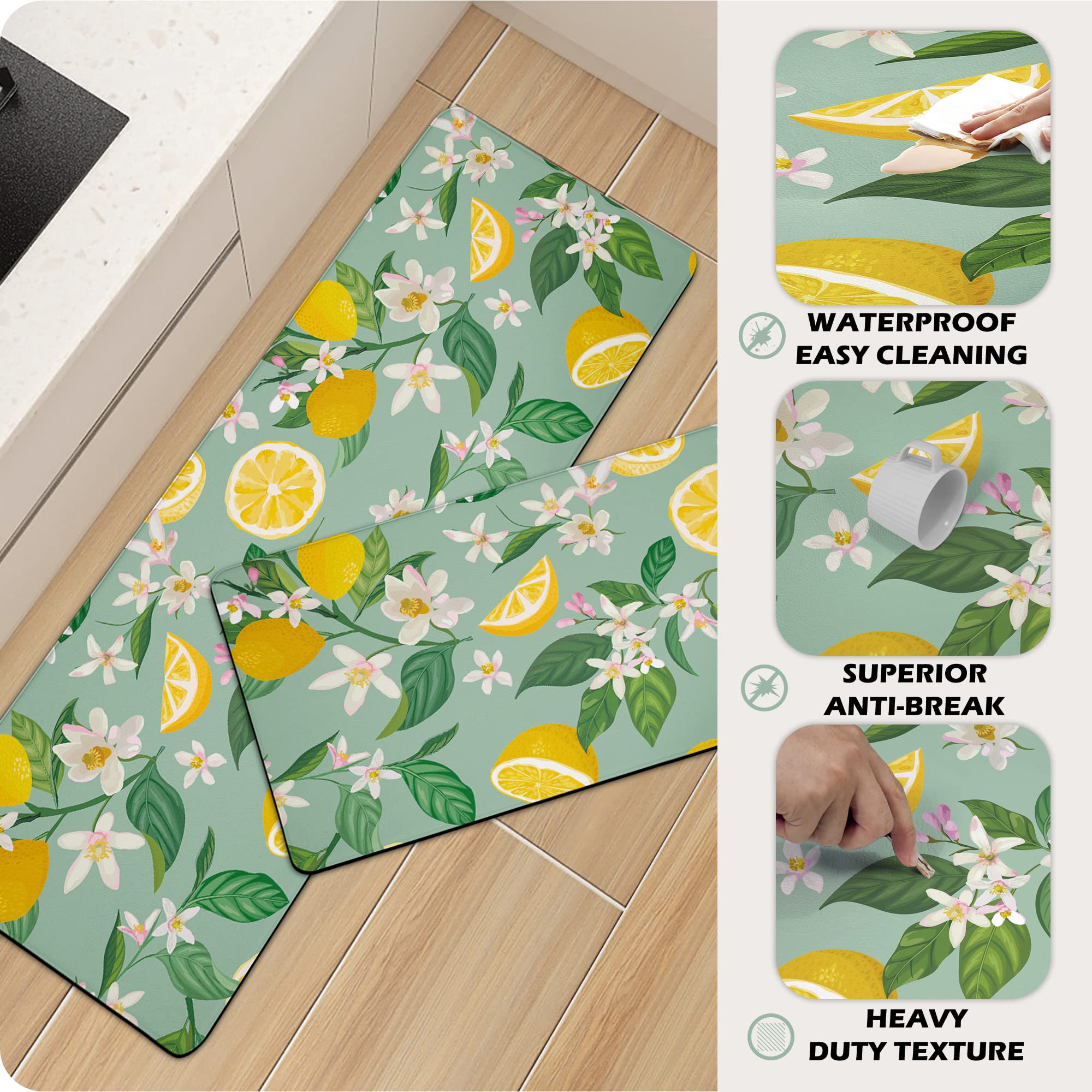 Lemon Kitchen Mat Set 2 PCS Anti Fatigue Lemon and Leaf Kitchen Rugs Waterproof Cushioned PVC Leather Runner Rug Non Slip Comfort Standing Floor Mats for Kitchen, Home, Sink 17.3" x 28" + 17.3" x 47"