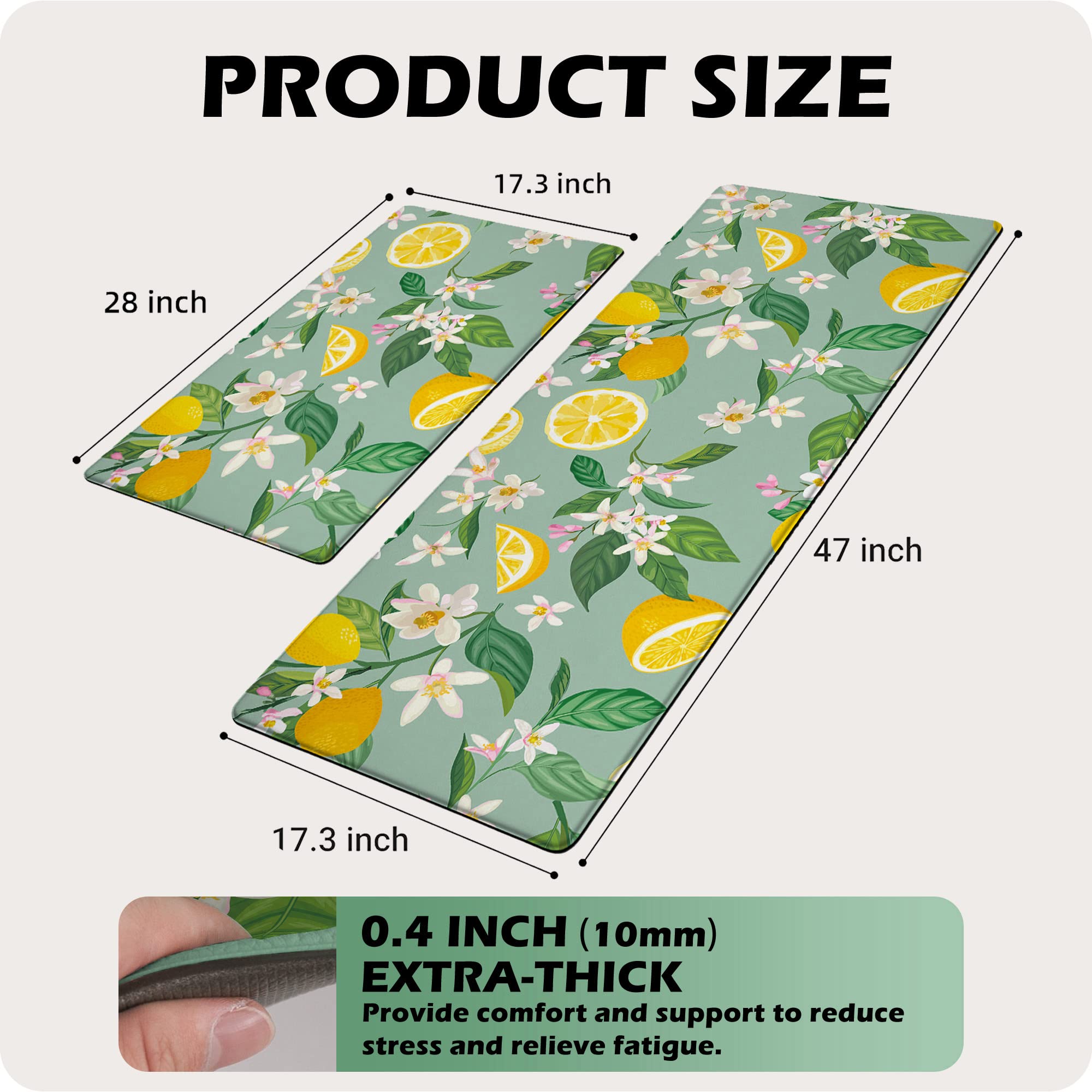 Lemon Kitchen Mat Set 2 PCS Anti Fatigue Lemon and Leaf Kitchen Rugs Waterproof Cushioned PVC Leather Runner Rug Non Slip Comfort Standing Floor Mats for Kitchen, Home, Sink 17.3" x 28" + 17.3" x 47"