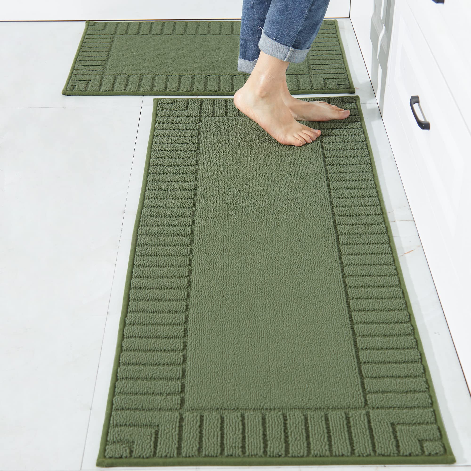 BEQHAUSE-Kitchen-Rugs-Non Slip-Kitchen-Mats-for-Floor Machine Washable Kitchen Rugs 2 Pieces Kitchen Carpet Runner with TPR Backing,Green,20x30inch/20x48inch