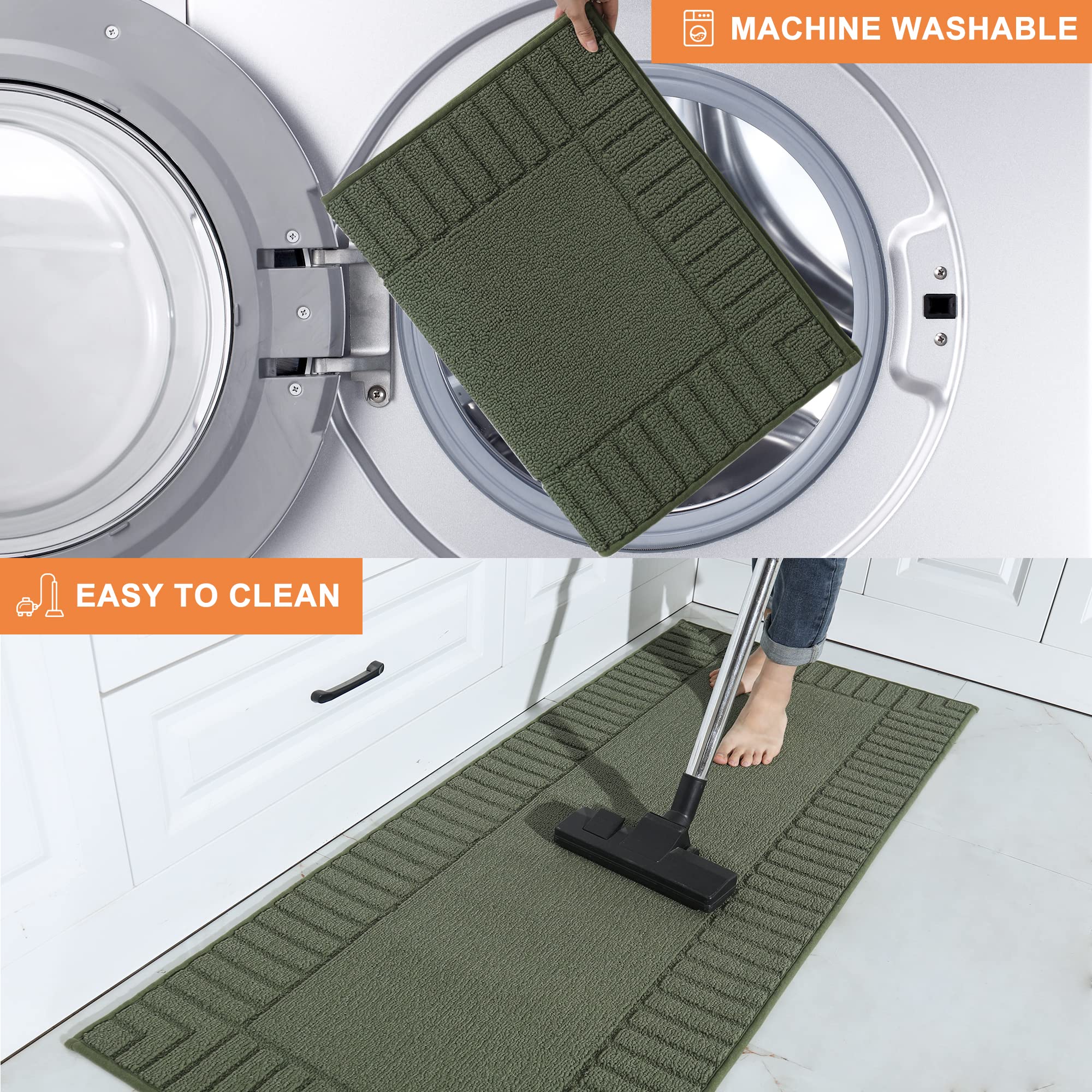 BEQHAUSE-Kitchen-Rugs-Non Slip-Kitchen-Mats-for-Floor Machine Washable Kitchen Rugs 2 Pieces Kitchen Carpet Runner with TPR Backing,Green,20x30inch/20x48inch