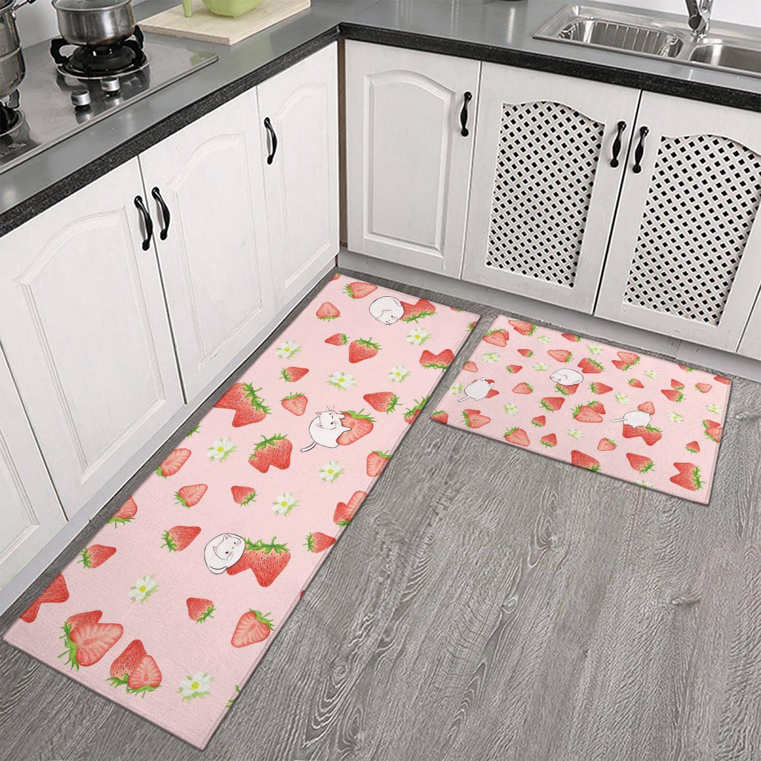 Strawberry Cat Kitchen Mats Set 2 Piece Pink Strawberry Printed Floormat 2-Piece Non Slip Comfort Kitchen Rugs Low-Profile Home Decorative Modern Kitchen Rug Heavy