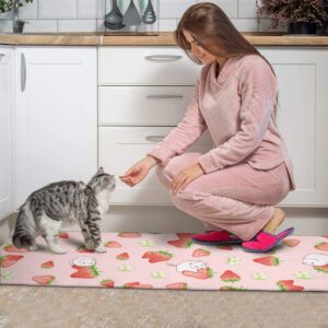 Strawberry Cat Kitchen Mats Set 2 Piece Pink Strawberry Printed Floormat 2-Piece Non Slip Comfort Kitchen Rugs Low-Profile Home Decorative Modern Kitchen Rug Heavy