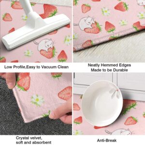 Strawberry Cat Kitchen Mats Set 2 Piece Pink Strawberry Printed Floormat 2-Piece Non Slip Comfort Kitchen Rugs Low-Profile Home Decorative Modern Kitchen Rug Heavy