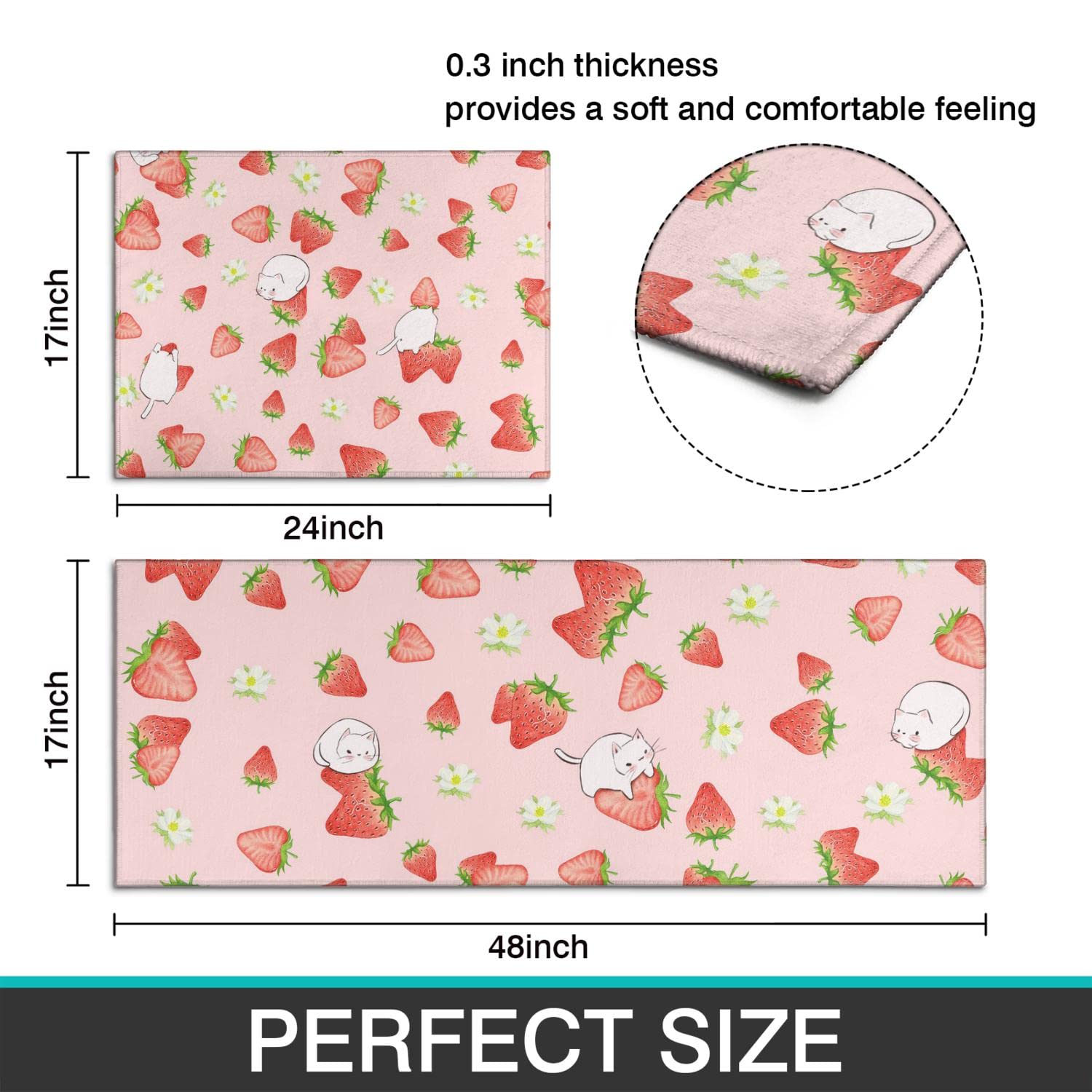 Strawberry Cat Kitchen Mats Set 2 Piece Pink Strawberry Printed Floormat 2-Piece Non Slip Comfort Kitchen Rugs Low-Profile Home Decorative Modern Kitchen Rug Heavy