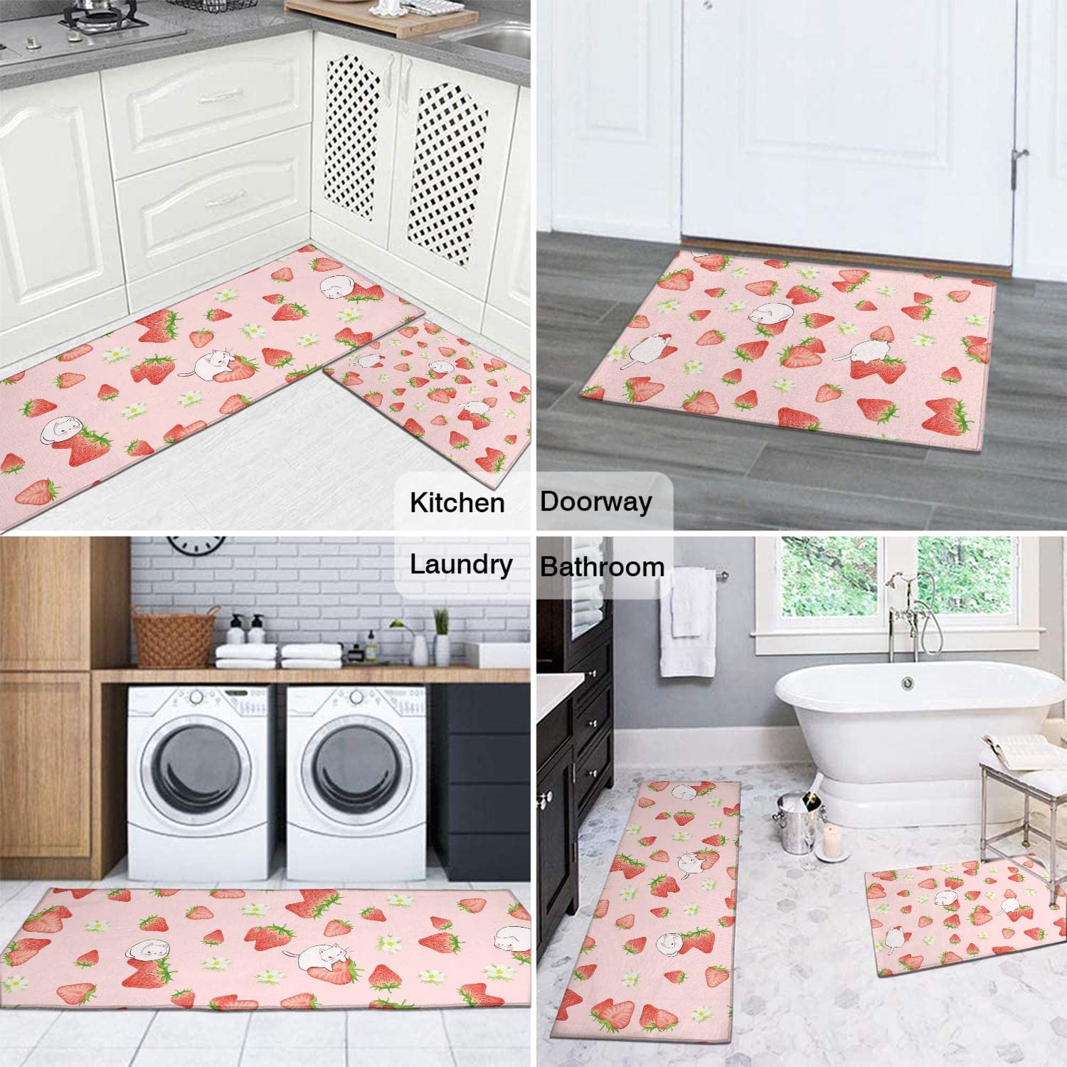 Strawberry Cat Kitchen Mats Set 2 Piece Pink Strawberry Printed Floormat 2-Piece Non Slip Comfort Kitchen Rugs Low-Profile Home Decorative Modern Kitchen Rug Heavy