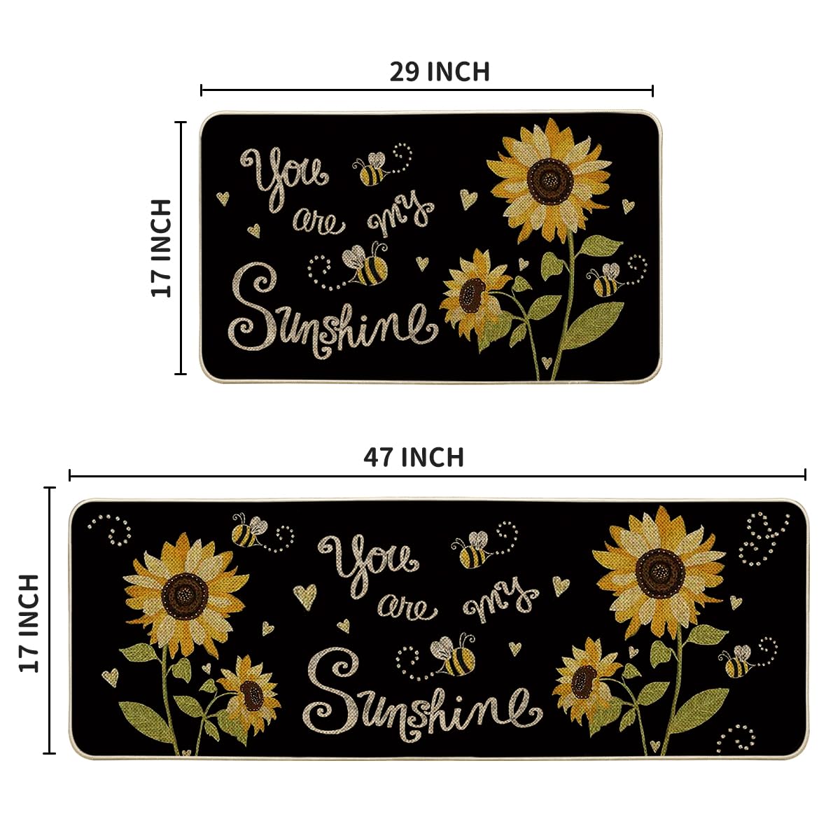 Artoid Mode Bee Sunflower Spring Kitchen Mats Set of 2, Summer You are My Sunshine Home Decor Low-Profile Kitchen Rugs for Floor - 17x29 and 17x47 Inch