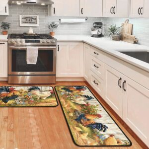 ouxioaz rooster kitchen rugs and mats non skid washable absorbent microfiber kitchen mat for floor, kitchen mat set of 2 rooster kitchen decor stain resistant 17"x47"+17"x30"