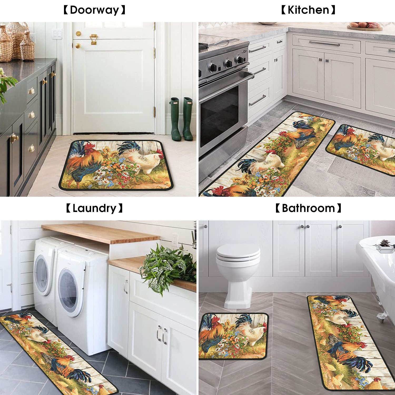 OUXIOAZ Rooster Kitchen Rugs and Mats Non Skid Washable Absorbent Microfiber Kitchen Mat for Floor, Kitchen Mat Set of 2 Rooster Kitchen Decor Stain Resistant 17"x47"+17"x30"