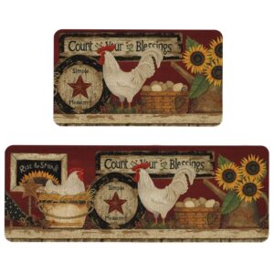 farmhouse kitchen rugs and mats set of 2, farm rooster kitchen mat, seasonal holiday cooking sets washable non-slip floor mats for home kitchen decor - 17x29 and 17x47 inch