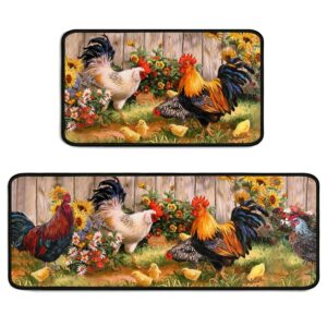 Ghroiep Rooster Rug 2 Piece Set Sunflower Decor Kitchen Floor Mat, Microfiber Washable Runner Farmhouse Chicken Decorations Mats,17"x47"+17"x30"