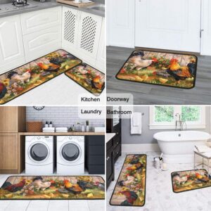 Ghroiep Rooster Rug 2 Piece Set Sunflower Decor Kitchen Floor Mat, Microfiber Washable Runner Farmhouse Chicken Decorations Mats,17"x47"+17"x30"