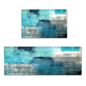 brillistar kitchen mat 2 pcs teal kitchen rugs and mats turquoise and grey abstract art cushioned anti-fatigue kitchen rugs 17"x48"+17"x24" kitchen decor non-slip kitchen rug set for kitchen floor