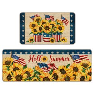 tailus 4th of july patriotic fall decorative kitchen rugs set of 2, sunflowers american flag mason jar autumn kitchen mat, usa memorial day mat hello summer home decorations 17x29 and 17x47 inch