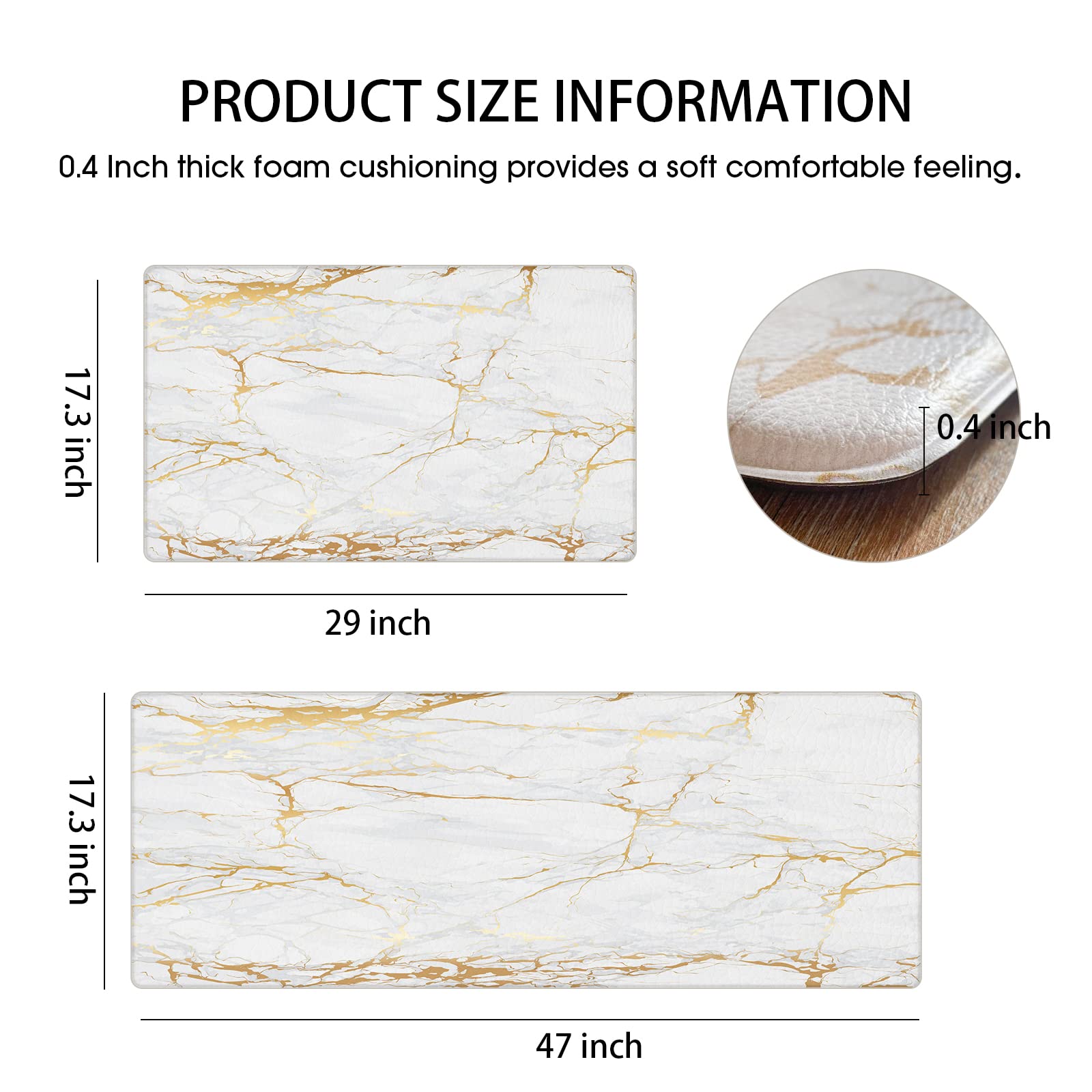 BAOERYAA Kitchen Mats and Rugs Anti Fatigue Cushioned Marble Kitchen Mat Non-Skid & Waterproof White and Gold Kitchen Accessories Comfort Standing Desk Mat Kitchen Mats for Floor Office, Sink, Laundry