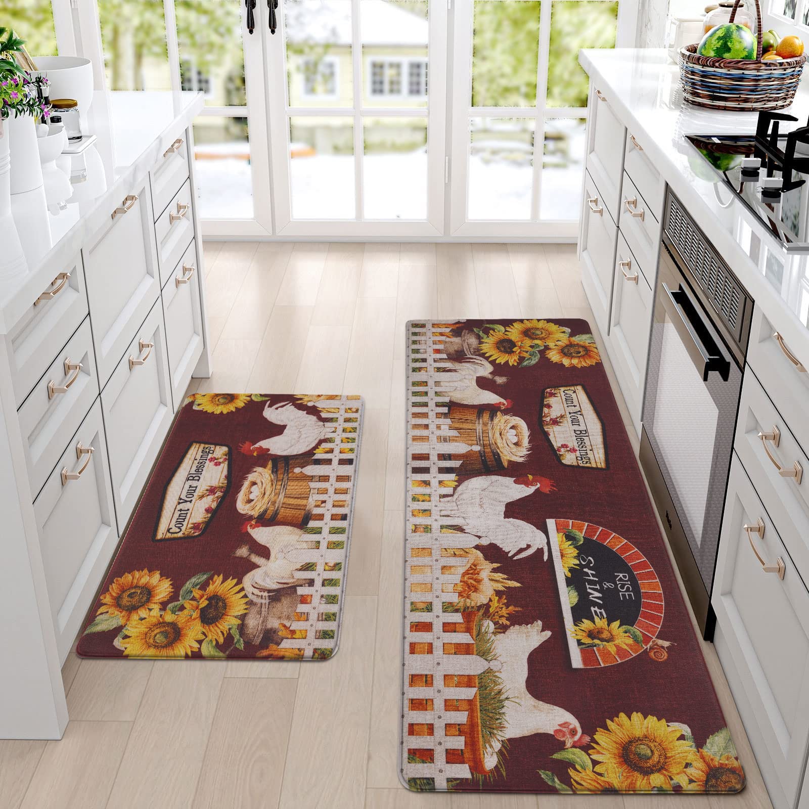 ASPMIZ Farmhouse Kitchen Mats Sets 2 Piece, Rooster Kitchen Rugs and Mats Non Skid Washable, Kitchen Floor Mats Cushioned Anti Fatigue, Floor Comfort Mats for Home & Office, 18'' x 48'' + 18'' x 30''