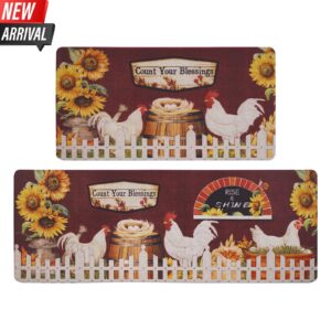 ASPMIZ Farmhouse Kitchen Mats Sets 2 Piece, Rooster Kitchen Rugs and Mats Non Skid Washable, Kitchen Floor Mats Cushioned Anti Fatigue, Floor Comfort Mats for Home & Office, 18'' x 48'' + 18'' x 30''