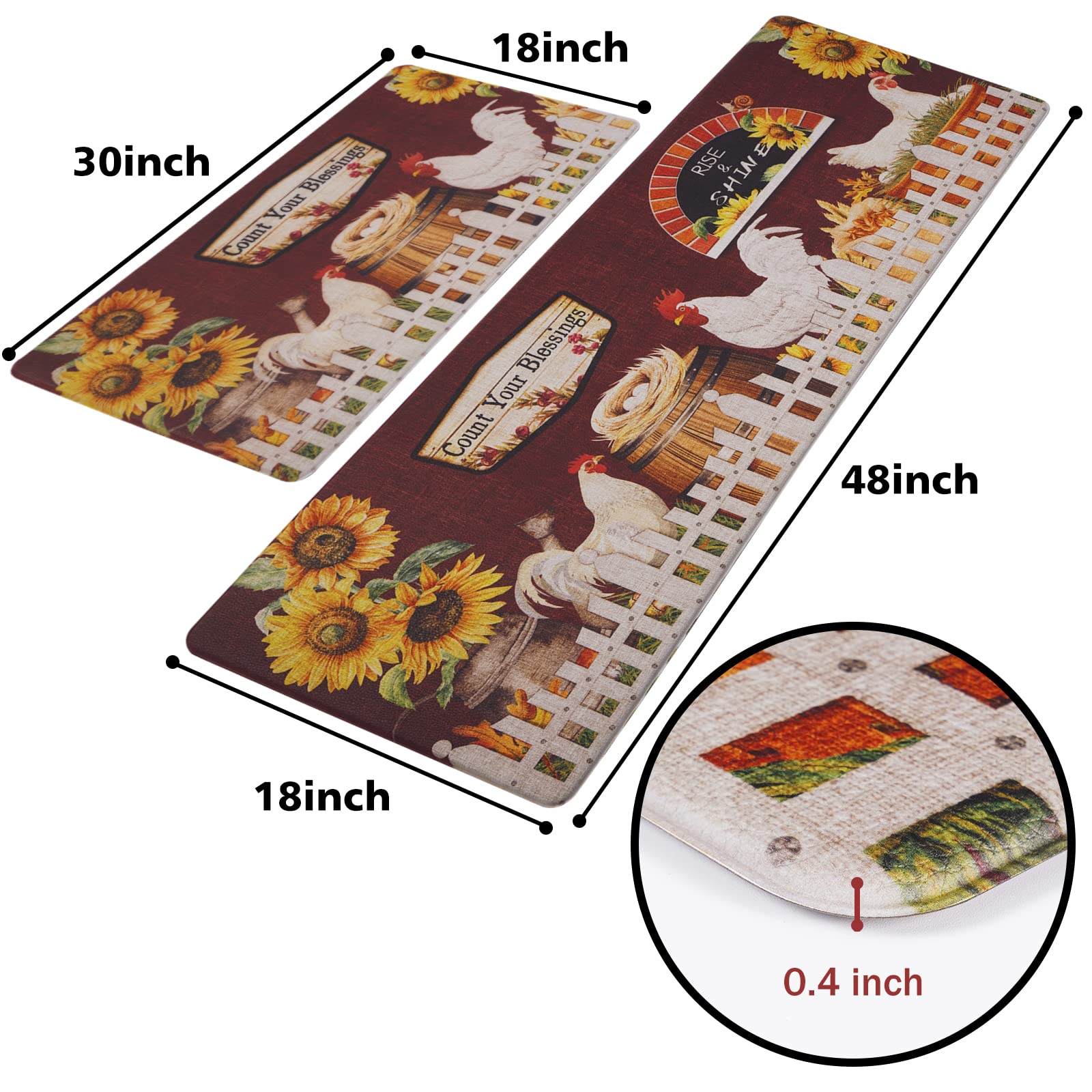 ASPMIZ Farmhouse Kitchen Mats Sets 2 Piece, Rooster Kitchen Rugs and Mats Non Skid Washable, Kitchen Floor Mats Cushioned Anti Fatigue, Floor Comfort Mats for Home & Office, 18'' x 48'' + 18'' x 30''