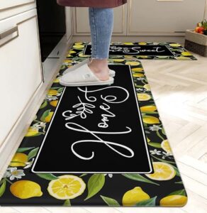 chiinvent lemon kitchen rugs anti fatigue kitchen mats for floor black yellow non skid washable kitchen mats set of 2 cushioned comfort standing mats for laundry office sink,17.3x28 + 17.3x47 inch pvc