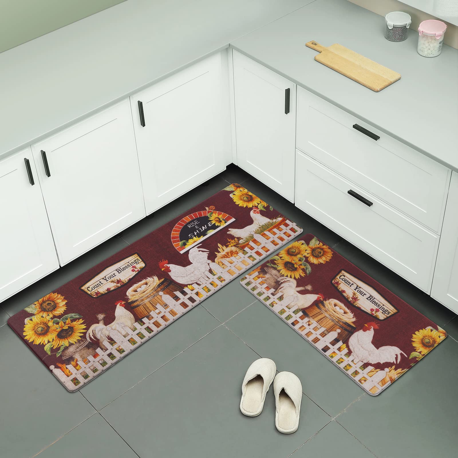 ASPMIZ Farmhouse Kitchen Mats Sets 2 Piece, Rooster Kitchen Rugs and Mats Non Skid Washable, Kitchen Floor Mats Cushioned Anti Fatigue, Floor Comfort Mats for Home & Office, 18'' x 48'' + 18'' x 30''