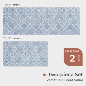 FRESHMINT Kitchen Mat Set of 2, Anti-Fatigue Cushioned Kitchen Mats for Floor, Waterproof Non Slip Comfort Standing Mat, Boho Kitchen Rug for Kitchen Decor, Sink, Office, 17"x30"+17"x47", Lake Blue