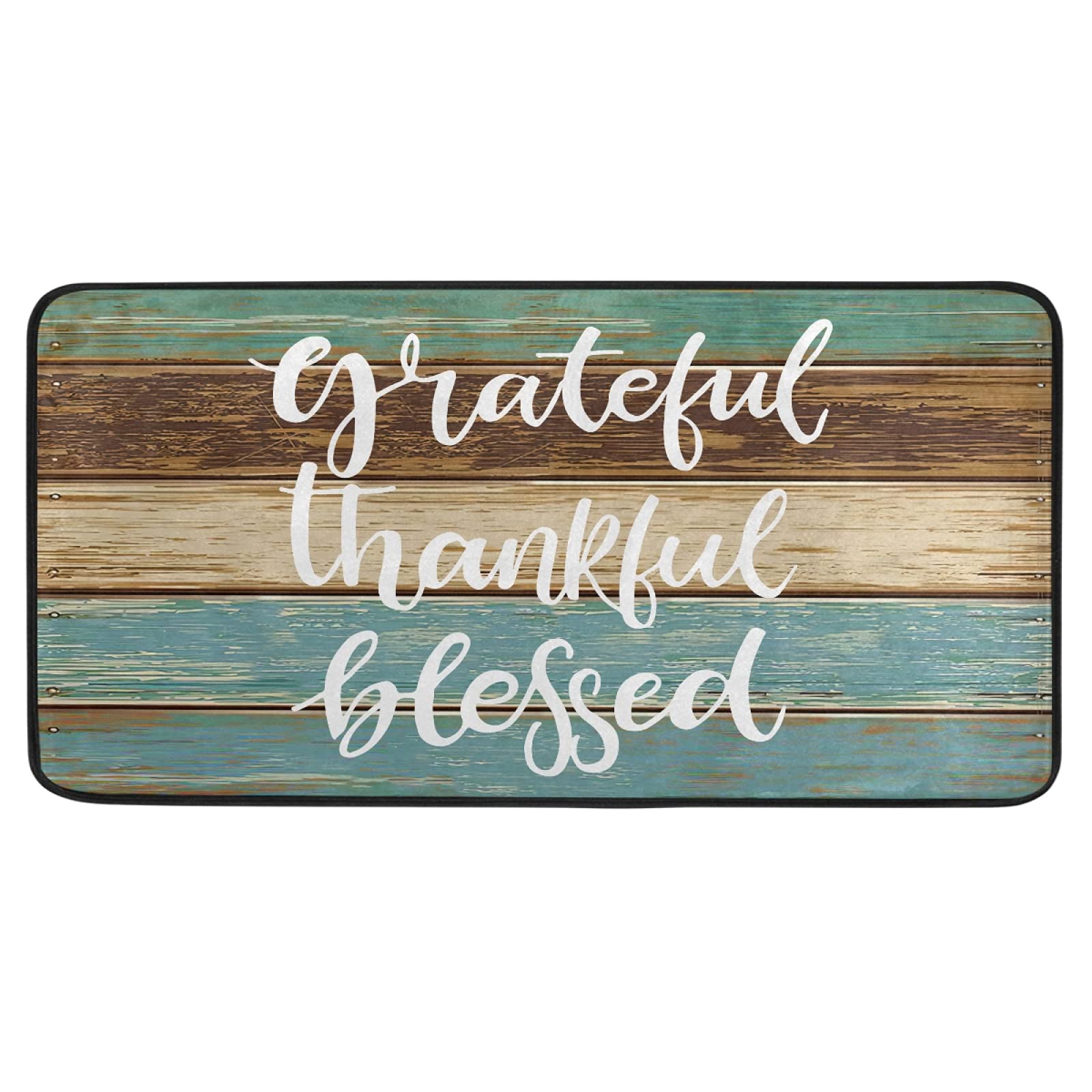 Kitchen Mat Rustic Brown TurquoiseTeal Barn Wood Grateful Thankful Blessed 39 x 20 Inch Comfort Floor Mat Rug Perfect Carpet for Kitchen, Floor Home, Office, Sink, Laundry