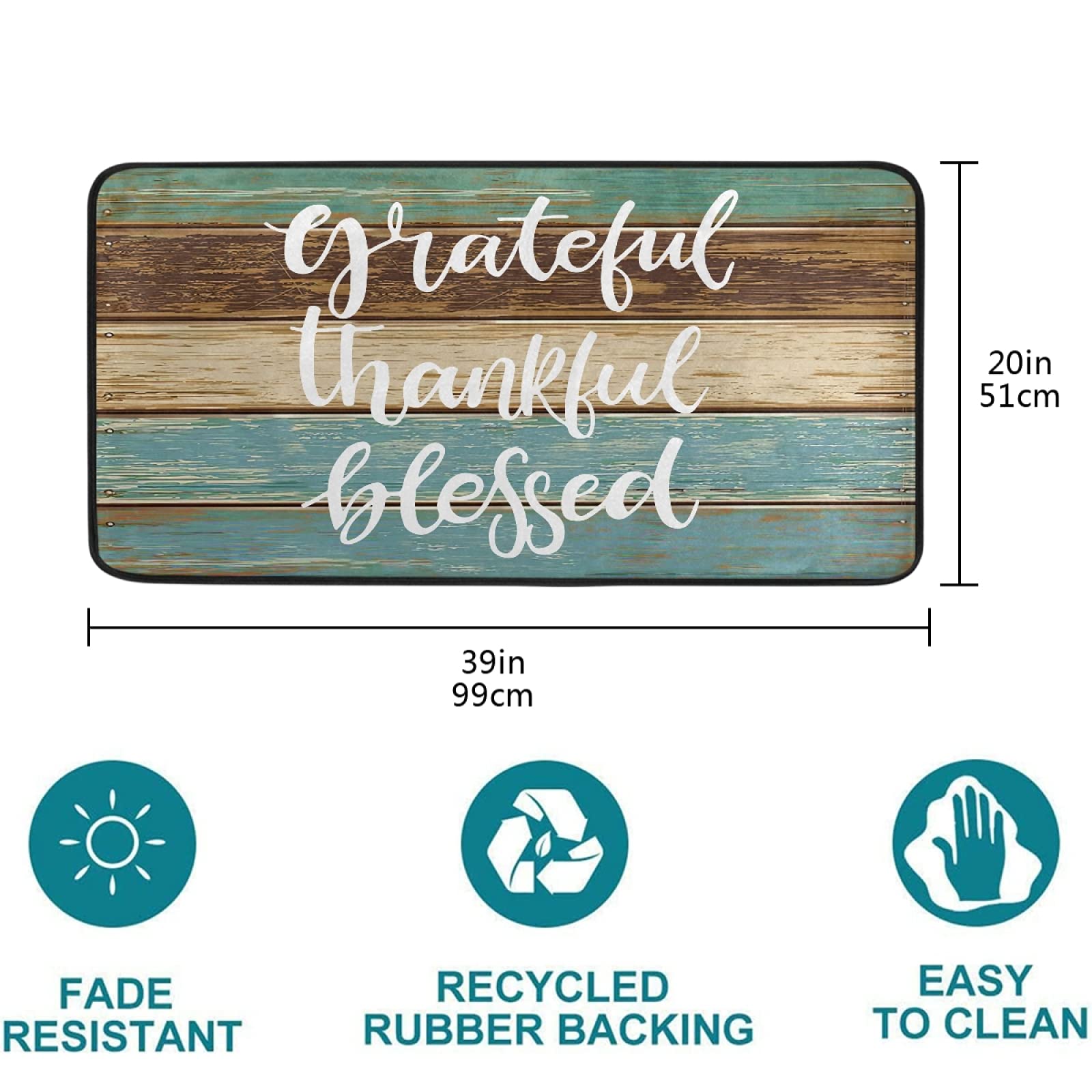 Kitchen Mat Rustic Brown TurquoiseTeal Barn Wood Grateful Thankful Blessed 39 x 20 Inch Comfort Floor Mat Rug Perfect Carpet for Kitchen, Floor Home, Office, Sink, Laundry