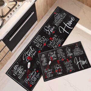 tayney black kitchen rugs and mats non skid washable set of 2, red love heart my sweet home kitchen runner rug, modern phrase doodle under sink mats for kitchen floor decor