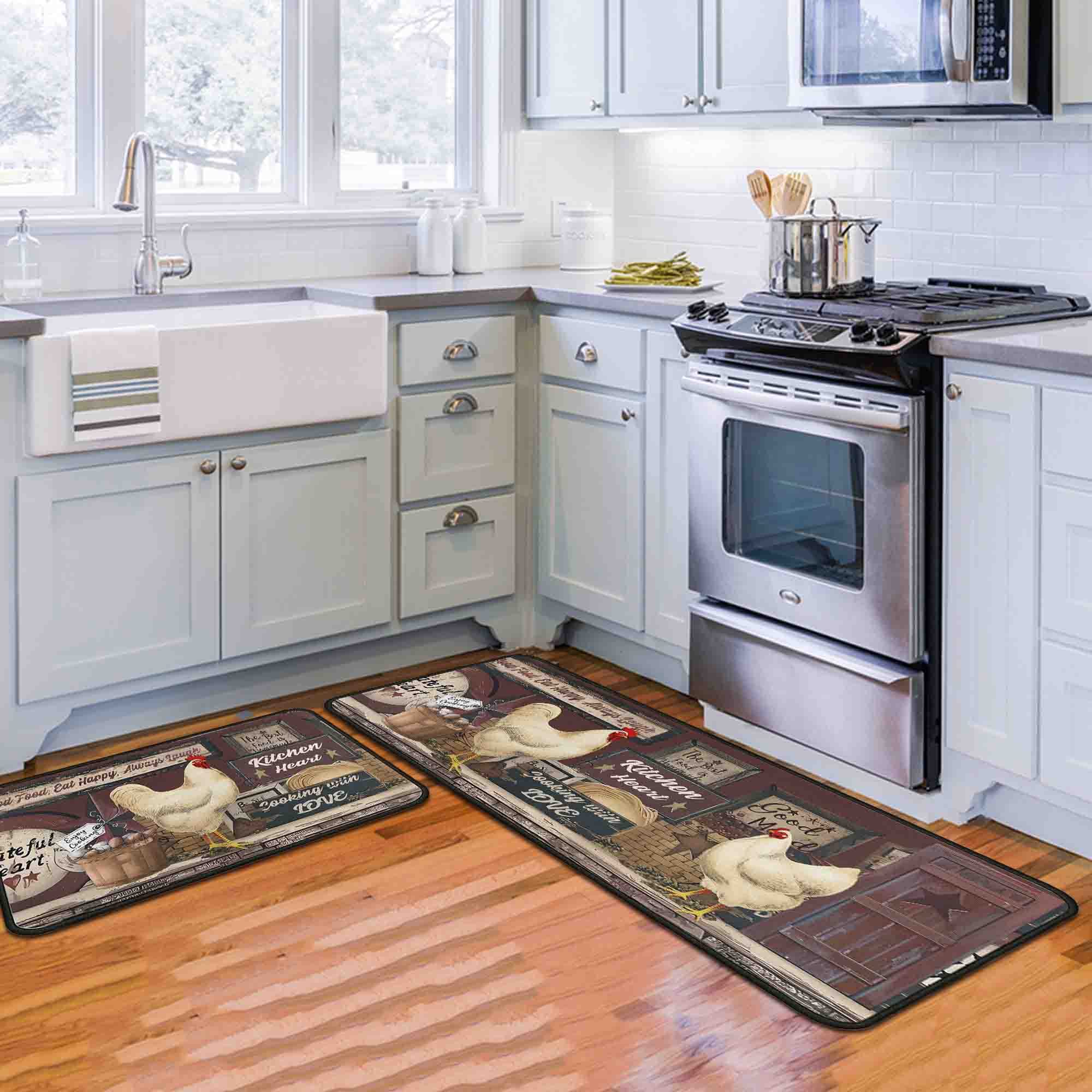 flippana Kitchen Rugs Farmhouse Style for Floor, Rooster Kitchen Rug, Non-Slip Backing Kitchen Mat Set of 2 Washable Kitchen Rug Sets with Runner for Home Kitchen 17"x47.2"+17"x30"