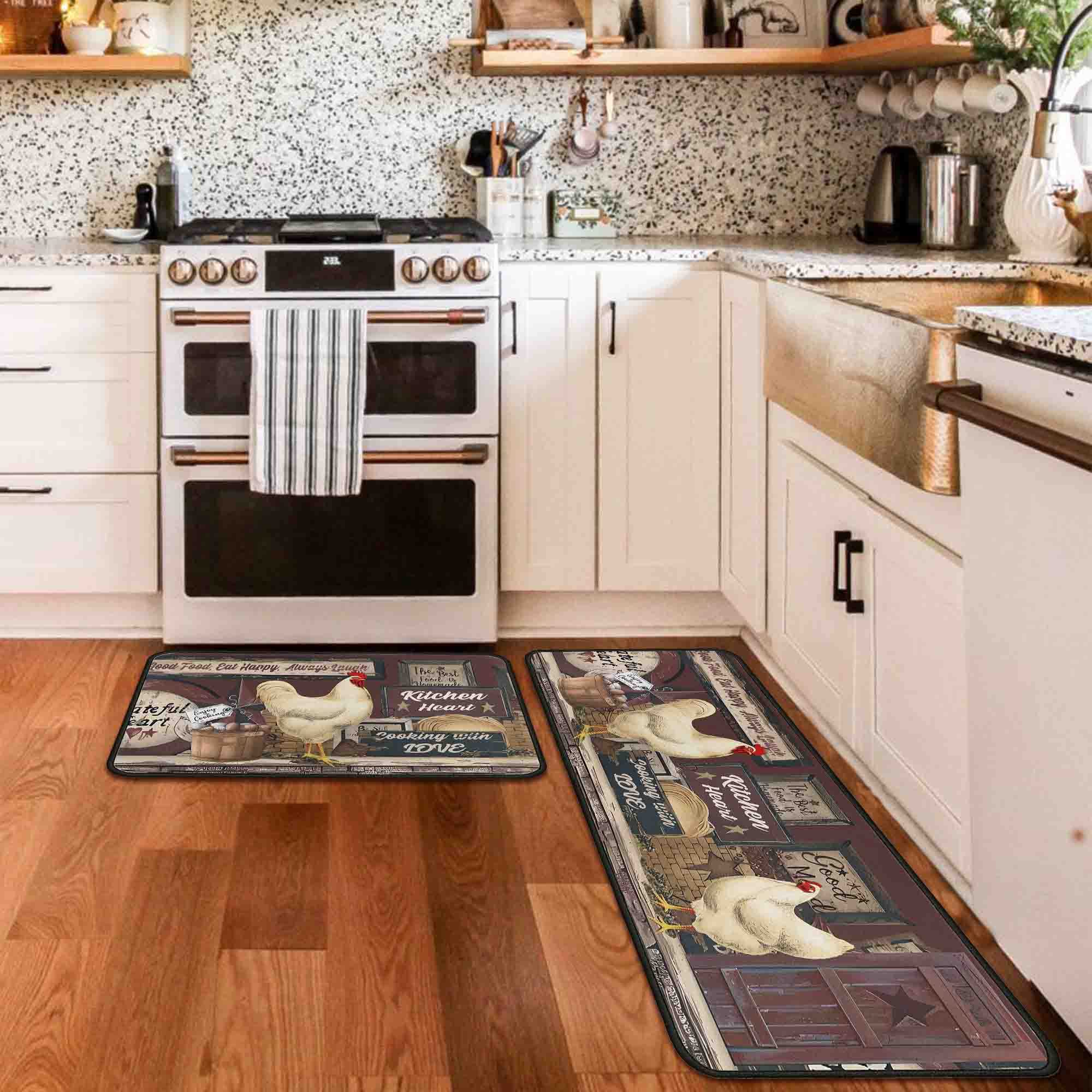 flippana Kitchen Rugs Farmhouse Style for Floor, Rooster Kitchen Rug, Non-Slip Backing Kitchen Mat Set of 2 Washable Kitchen Rug Sets with Runner for Home Kitchen 17"x47.2"+17"x30"