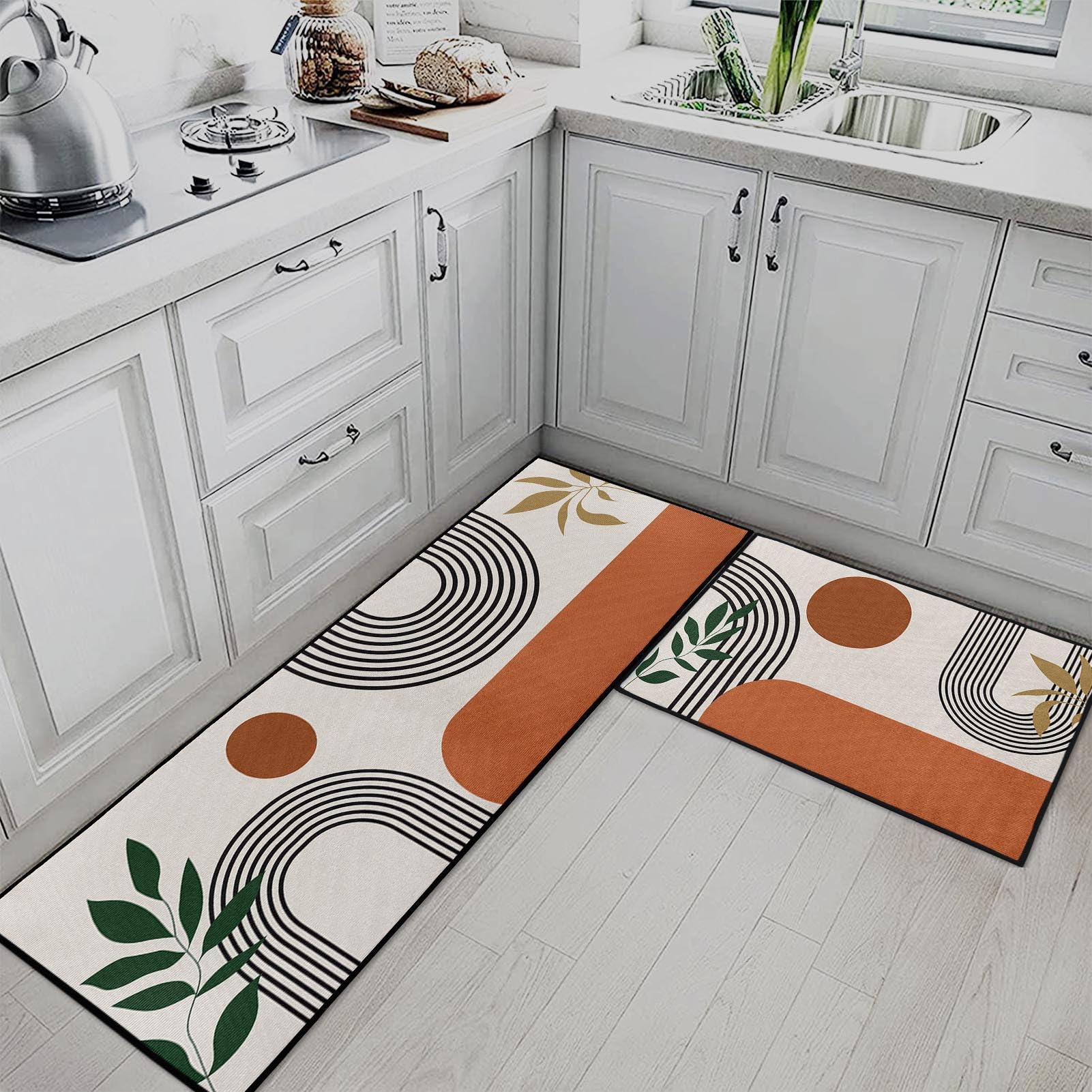 Tayney Mid Century Boho Home Kitchen Rugs and Mats Non Skid Washable Set of 2, Bohemian Kitchen Mats for Floor, Abstract Geometric Kitchen Runner Rug, Modern Minimalist Kitchen Decor