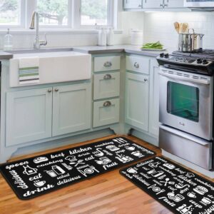 black kitchen rugs set of 2 - kitchen floor mats non-slip backing - kitchen mat washable doormat runner rug set for home accessories and decor 17x47.2 and 17x30 inches.