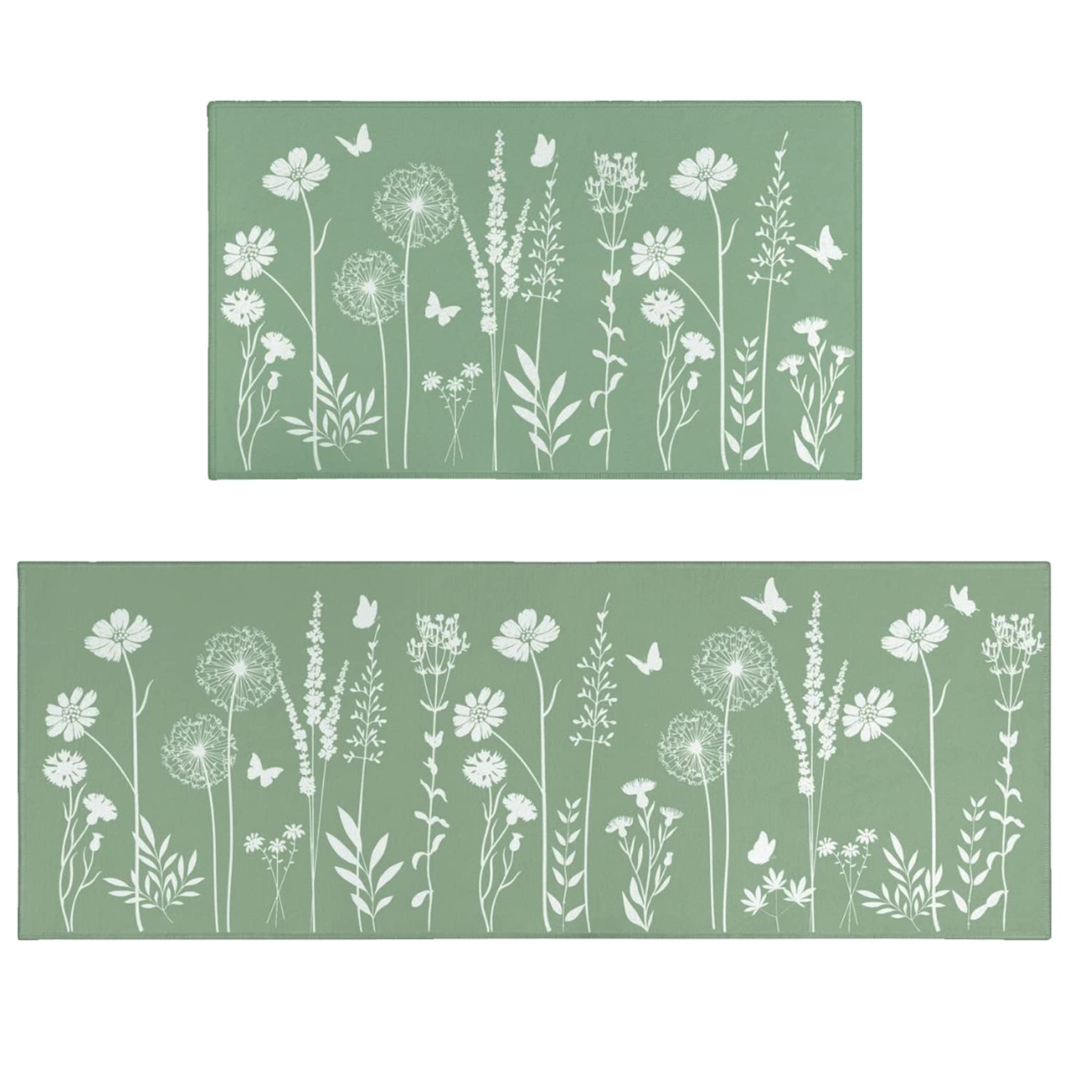 Sage Green Kitchen Mat Rug Set of 2- Plant Floral Butterfly Kitchen Rugs with Runner Kitchen Decor Accessories Things, Kitchen Rug Mat- Leaves Rugs for Home Kitchen Large- 17x30 and 17x47 Inch