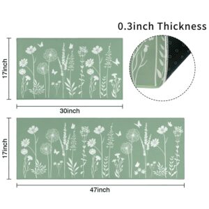 Sage Green Kitchen Mat Rug Set of 2- Plant Floral Butterfly Kitchen Rugs with Runner Kitchen Decor Accessories Things, Kitchen Rug Mat- Leaves Rugs for Home Kitchen Large- 17x30 and 17x47 Inch