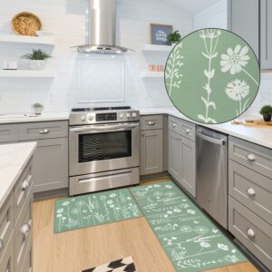 Sage Green Kitchen Mat Rug Set of 2- Plant Floral Butterfly Kitchen Rugs with Runner Kitchen Decor Accessories Things, Kitchen Rug Mat- Leaves Rugs for Home Kitchen Large- 17x30 and 17x47 Inch