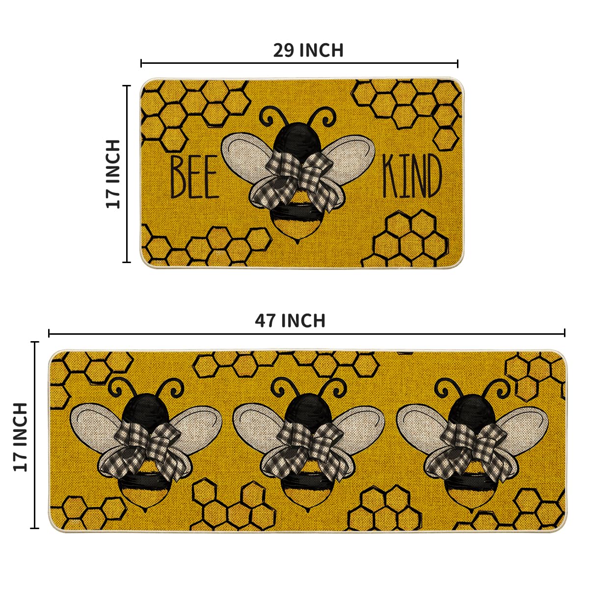 Artoid Mode Yellowe Bee Kind Spring Kitchen Mats Set of 2, Summer Home Decor Low-Profile Kitchen Rugs for Floor - 17x29 and 17x47 Inch