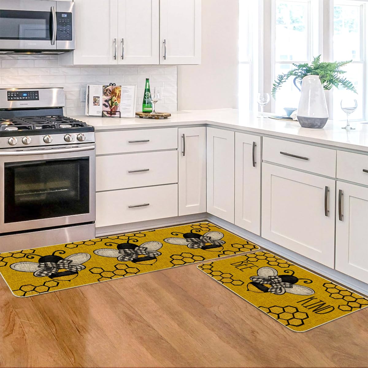 Artoid Mode Yellowe Bee Kind Spring Kitchen Mats Set of 2, Summer Home Decor Low-Profile Kitchen Rugs for Floor - 17x29 and 17x47 Inch