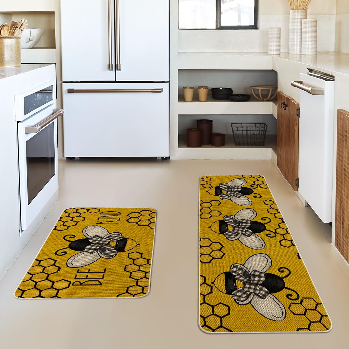 Artoid Mode Yellowe Bee Kind Spring Kitchen Mats Set of 2, Summer Home Decor Low-Profile Kitchen Rugs for Floor - 17x29 and 17x47 Inch